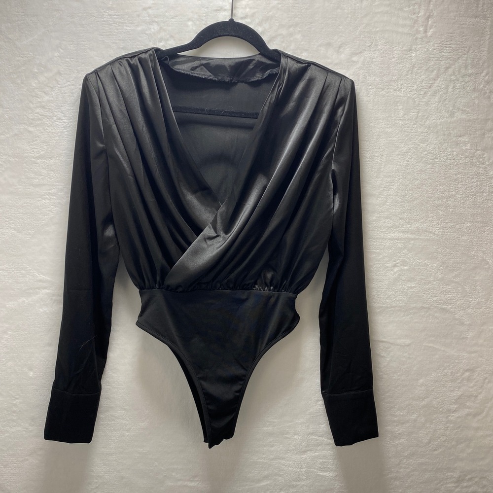 Black‎ Silky V-Neck Bodysuit Elegant Long Sleeve Like New Party Work Travel